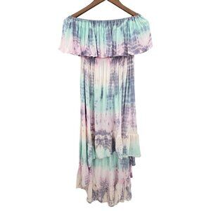 Lani Lau Hawaii Tie Dye Maxi Boho Dress Sz M/L Strech Elastic Chest Ruffle HiLo